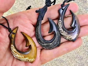 3 Bali Fish Hook Pendants Hand Carving Maori Hei Matau - Picture 1 of 3