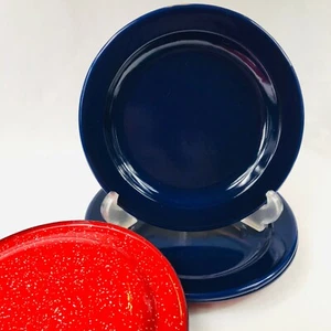 4 Navy Blue Enamel Ware Metal Plates Camping Outdoor 8.5" Speckled Red Backs - Picture 1 of 5