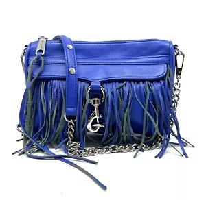 Rebecca Minkoff Fringed Mini Mac Crossbody Clutch Bag Blue Leather Silver Chain - Picture 1 of 10