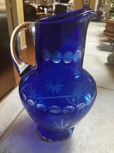Bohemian Cut Blue Cobalt Pitcher Crystal Handcrafted Glass - No chips or cracks - Picture 1 of 2