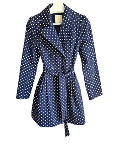 ModCloth Polka Dot Trenchcoat Damen S blau creme Gürtel gefüttert Pkt klassisch adrett - Bild 1 von 12