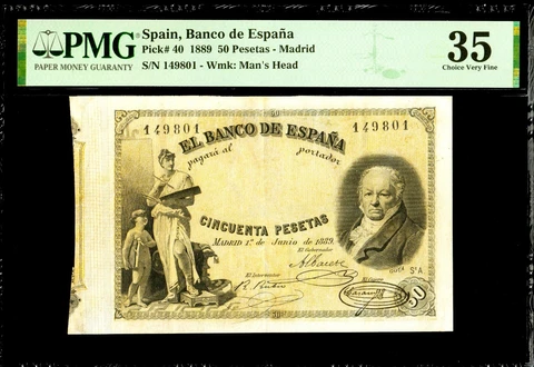 🔥SPAIN 1889 "GOYA" ☆ 50 PESETAS ☆ P-40 ☆ PMG -CHOICE 35 ☆ VERY RARE ☆ Cover