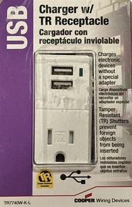 USB wall outlet charger. Cooper USB Charger w/ TR Receptacle White - Picture 1 of 2