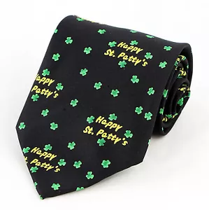 Happy St Patrick's Day Mens Neck Tie Irish Holiday Green Shamrock Black Necktie - Picture 1 of 2
