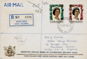 Cook Islands Queen Elizabeth Hi Value Stamps First Day Cover Sent to London 1970 - Picture 1 of 2