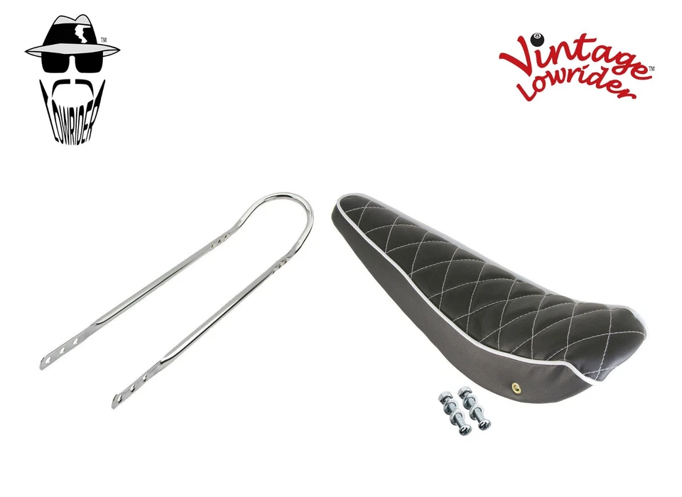 20" ORIGINAL LOWRIDER Diamond Stitched Banana Seat Black W/Chrome SissyBar 20" - Imagem 1 de 1