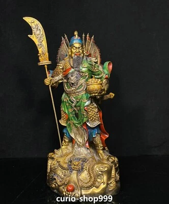 16" Antiguo Tíbet Bronce Plata Dorado Pintura Dragón Guerrero Dios Guan Gong Yu Estatua Foto 1 de 4