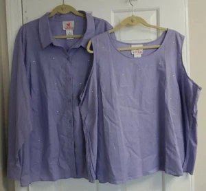 Quacker Factory 3X neu ohne Etikett 2-teilig lila Leinen/Baumwolle L/Slv Hemd & Tank mit Strasssteinen - Bild 1 von 11