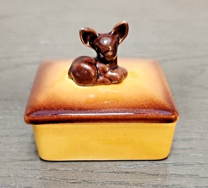 Vintage Majolica Trinket Box with Deer Finial Brown and Yellow 4" - Picture 1 of 9