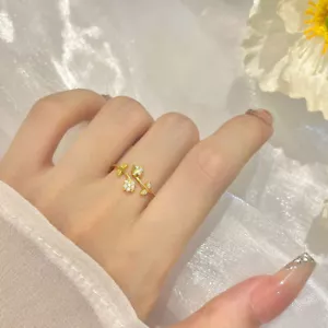 Solid 925 Sterling Silver Leaf Tulip Flower Ring Adjustable Gold Jewelry Gift - Picture 1 of 7