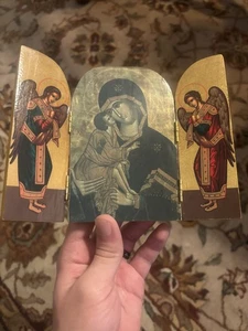 Vtg Triptych Orthodox Icon Wooden Carved with The Virgin Mary & Jesus - Picture 1 of 4