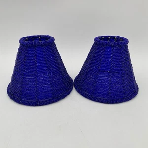 Retro Vintage Set of 2 Blue Cobalt Glass Beaded Lamp Shades Clip On Bulb - Picture 1 of 10