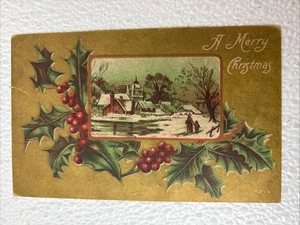 Postkarte mit geteilter Rückseite um 1910 Ein frohes Weihnachtshaus im Schnee Weihnachtskarte - Bild 1 von 2