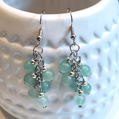 Artisan Malaysia Jade Green Gemstone Bead Dangle Silver Platinum Plated Earrings - Image 1 of 4