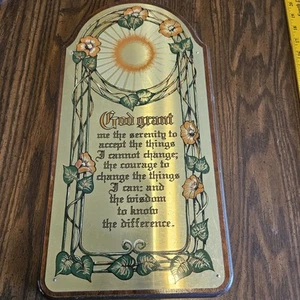 Serenity Prayer Plaque Metal On Solid Wood Home Interiors Gold Tone 1980s Floral - Picture 1 of 7