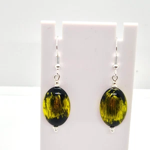 BLACK & METALLIC YELLOW OVAL HOOK EARRINGS 4.5CM DROP E394 - Picture 1 of 3
