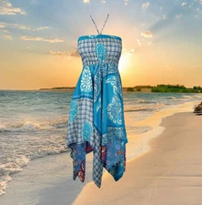 Womens Recycle Silk Halter Dress, Handmade Summer Dresses, Boho Blue Gray S/M