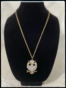Owl Pendant Set With Clear & Jet Black Rhinestones & Enamel - Picture 1 of 10