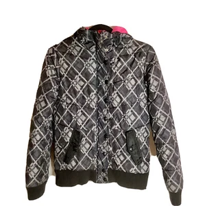 FOX RACING Girls Black/Gray Plaid Print Softshell Hot Pink Lined Jacket W/Hood M - Picture 1 of 11
