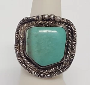 Sterling Turquoise SW Ring 925 Silver Hand Made Ball Twist Stamped Bezel Sz 7.5 - Picture 1 of 21