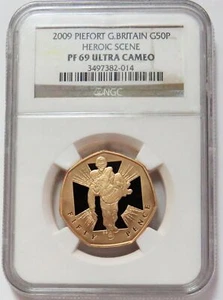 2009 GOLD 40 MINTED GREAT BRITAIN 50 PENCE PIEFORT NGC PF 69 UC HEROIC SCENE - Picture 1 of 2