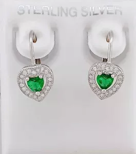 LAB CREATED EMERALD & WHITE SAPPHIRES HEART DANGLE EARRINGS .925 Silver - NWT - Picture 1 of 5