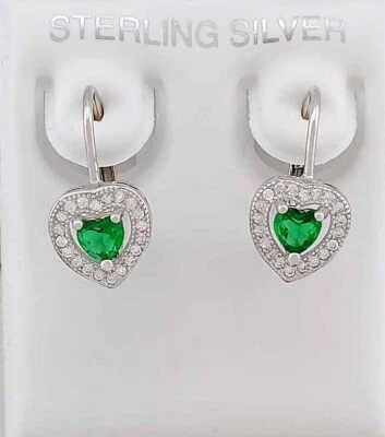 LAB CREATED EMERALD & WHITE SAPPHIRES HEART DANGLE EARRINGS .925 Silver - NWT - Image 1 of 4