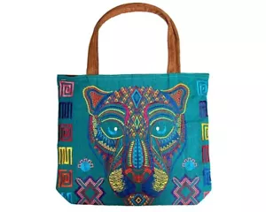 Extra Large Jaguar Face Animal Tribal Embroidered Tote Bag Handmade Boho Purse - Picture 1 of 5