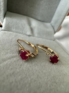 LADY'S or GIRL'S 10K YELLOW GOLD RUBY + Diamond Huggie EARRINGS - Picture 1 of 8