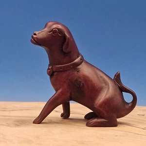 Boxwood Hand Carved Japanese Netsuke Dog Puppy Sitting w/ 1 Leg Out  - Picture 1 of 9