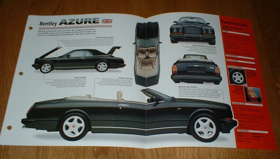 1998 Bentley Azure Original Imp Brochure Specs Info 98 95 96 97 99 - Image 1 of 1