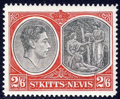 ST.KITTS-NEVIS KG VI 1943 2/6d. VARIEDAD Negro y Escarlata Perf.14 SG 76a COMO NUEVO Foto 1 de 2