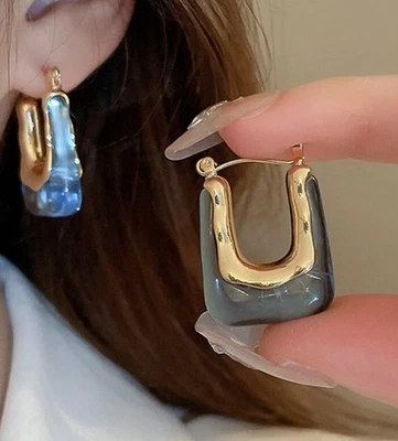 Pendientes Anthropologie Aro Geo Oro Azul Moda Forma de U Resina Boho Foto 1 de 2