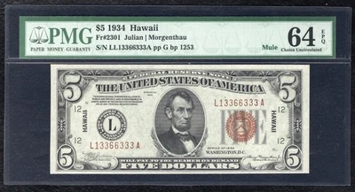 FR. 2301 1934 $5 MULE “HAWAII” FRN FEDERAL RESERVE NOTE PMG UNCIRCULATED-64EPQ - Image 1 of 2