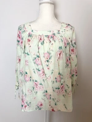 Lauren Conrad Womens Blouse Size XS Green Pink Floral Square Neck Pleated - Image 1 of 4