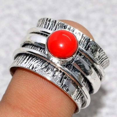 Anel giratório folheado a prata 925 coral vermelho EUA 7,5 presente festa escritório GW - Imagem 1 de 3