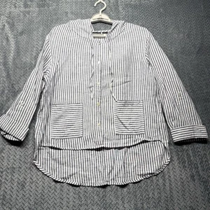 Tahari 100% Linen Striped Hoodie Button Shirt Roll Tab Sleeves Size M - Picture 1 of 8