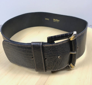 Max Mara Belt Womens Small Wide Gray Textured Leather Belt Gold Hardware Italy