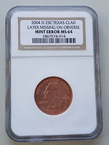 2004 D Texas State Quarter MISSING CLAD LAYER on Obverse NGC MS64 - Picture 1 of 4