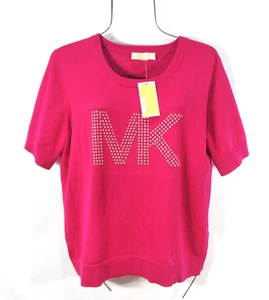 Michael Kors Women's Knit Blouse L Deep Pink MK Logo Studded Shirt Top NWT - Picture 1 of 7
