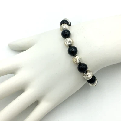 ONYX & diamond-cut sterling bead bracelet - 8mm black stone 7.25" signed BB 925 - Image 1 of 4