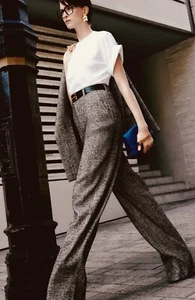 NWT Hepburn Brown Tweed Herringbone High Waist Wide Leg WHISH Trouser Sz M Pants - Picture 1 of 9