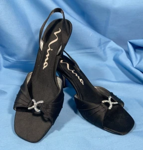 Nina Sling Back, Black Dress Sandal , 3" Heel, Rhinestone buckle, Leather, 8 1/2 - Picture 1 of 7