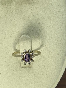 14K Solid Yellow Gold .30Ctw Amethyst & Diamond Halo Ring Size 6.25 - Picture 1 of 6