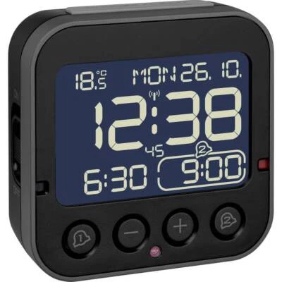 TFA Dostmann 60.2552.01 Funk Wecker Schwarz Alarmzeiten 2 Großes Display - Bild 1 von 2
