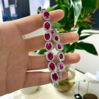 15 Ct Oval Cut Red Ruby And Round Diamond Tennis Bracelet 14K White Gold Over - Image 1 of 4