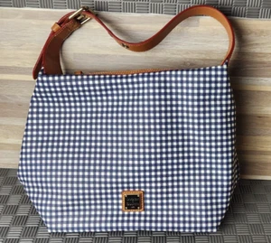 Dooney & Bourke Coated Blue Red Cotton Gingham Hobo Shoulder Bag Checkered Navy - Picture 1 of 23