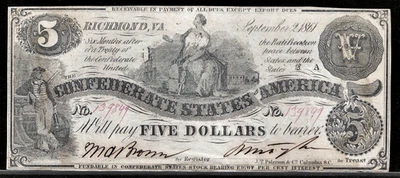 1861 CSA CONFEDERATE STATES AMERICA CURRENCY $5 DOLLAR NOTE T-36 PF-3 Cr. 276 - Image 1 of 2