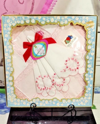 Vintage Fruit of the Loom Ladies Pink Floral Embroidered Lace Handkerchiefs - Image 1 of 4