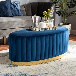 Baxton Studio Kirana Navy Blue Velvet Fabric Upholstered and Gold PU Ottoman - Picture 1 of 7